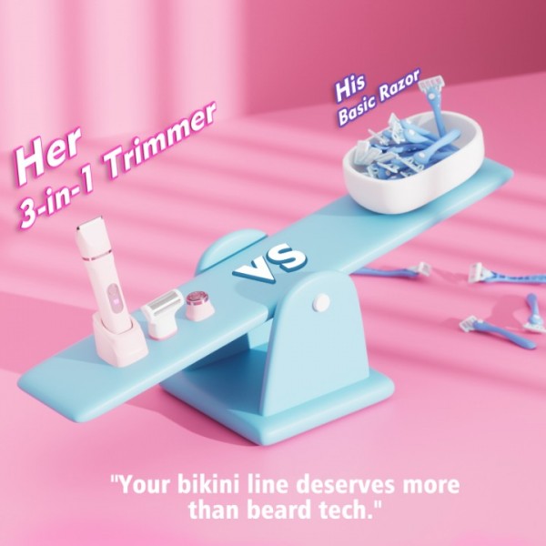 Bikini Trimmer Women, 3-in-1 Lady Shavers for Woman with LED Display - Painless Electric Razors for Silk Skin, Pubic Hair Trimmer for Women, IPX7 & Easy Cleaning, Ceramic Blade, USB Charge Dock, Pink