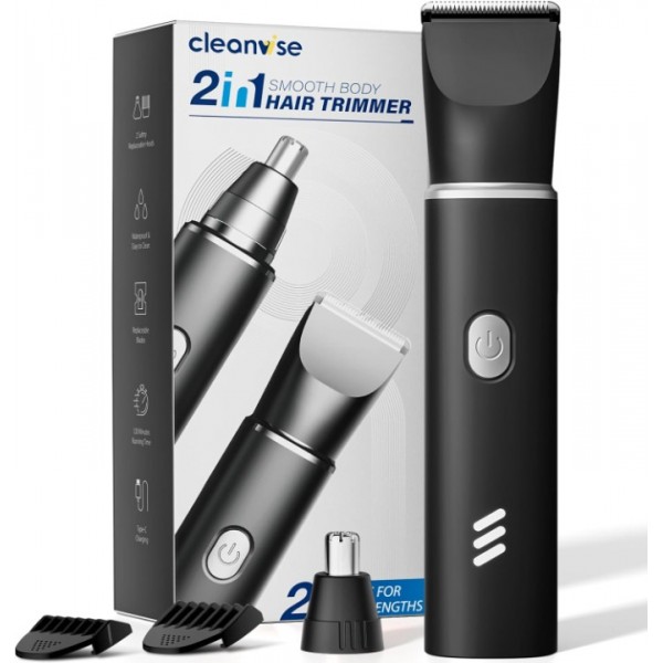 Body Hair Trimmer Men, 2-in-1 Grooming Kit, Ball Trimmer with Nose Hair Trimmer, Replaceable Ceramic Blade Heads for Men for Legs, Chest, Armpit and Nose, 2 Sensitive Combs, Waterproof, Travel Lock