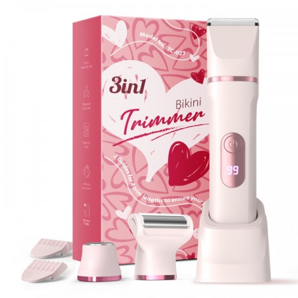 Bikini Trimmer Women, 3-in-1 Lady Shavers for Woman with LED Display - Painless Electric Razors for Silk Skin, Pubic Hair Trimmer for Women, IPX7 & Easy Cleaning, Ceramic Blade, USB Charge Dock, Pink